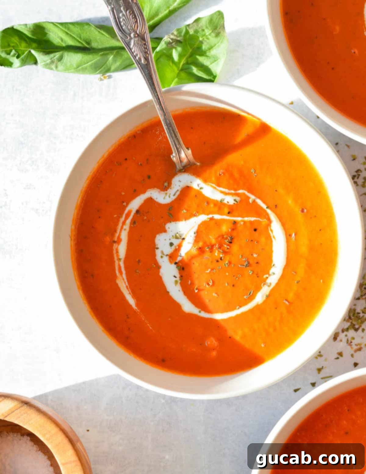 A beautifully presented bowl of roasted red pepper soup, ready to be enjoyed.