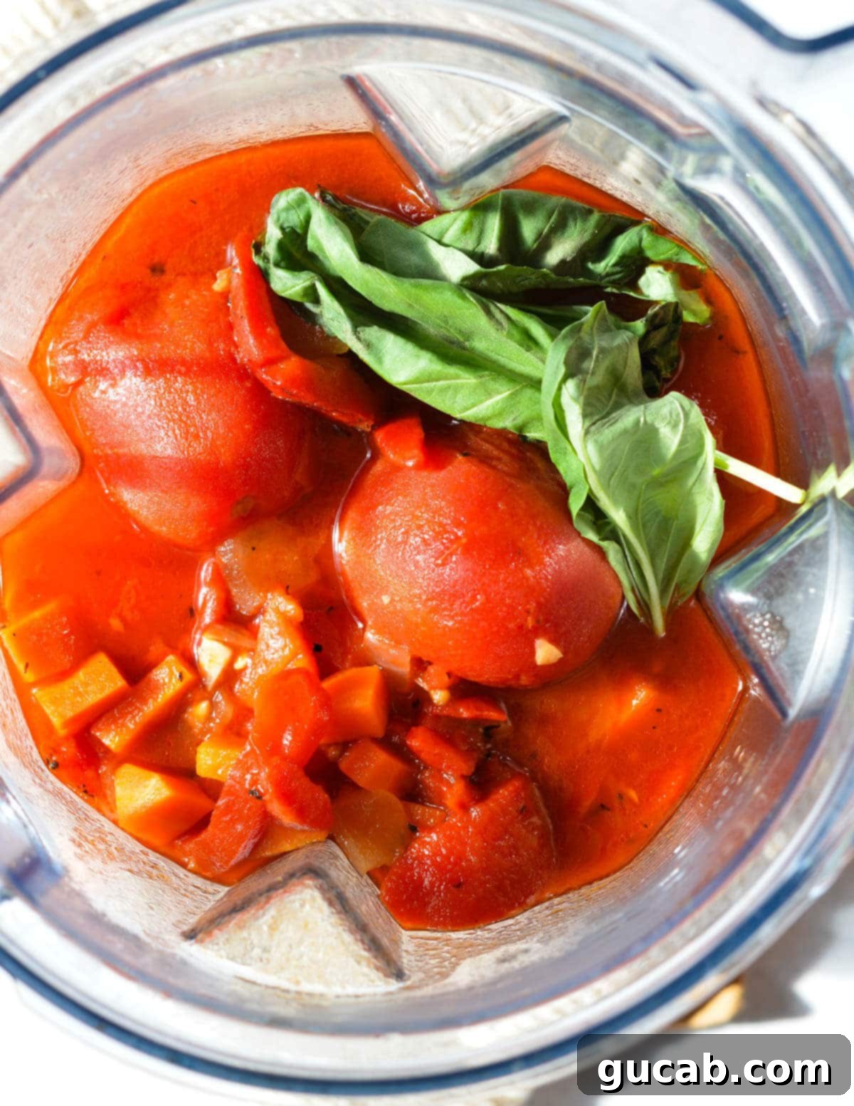 Whole tomatoes, red peppers, vegetable stock, and basil in a blender, ready for blending.