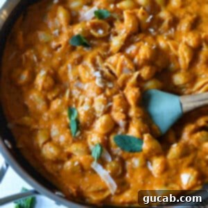 pumpkin pasta in a skillet with a spatula in it.