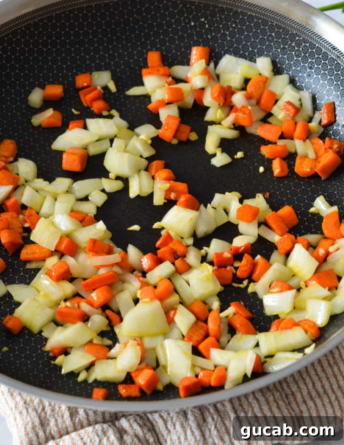 Cooked carrots, onions, and garlic in a skillet, building the flavor base.