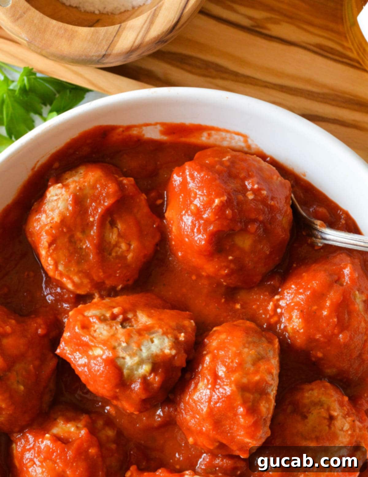 a bowl of turkey meatballs in marinara sauce. 