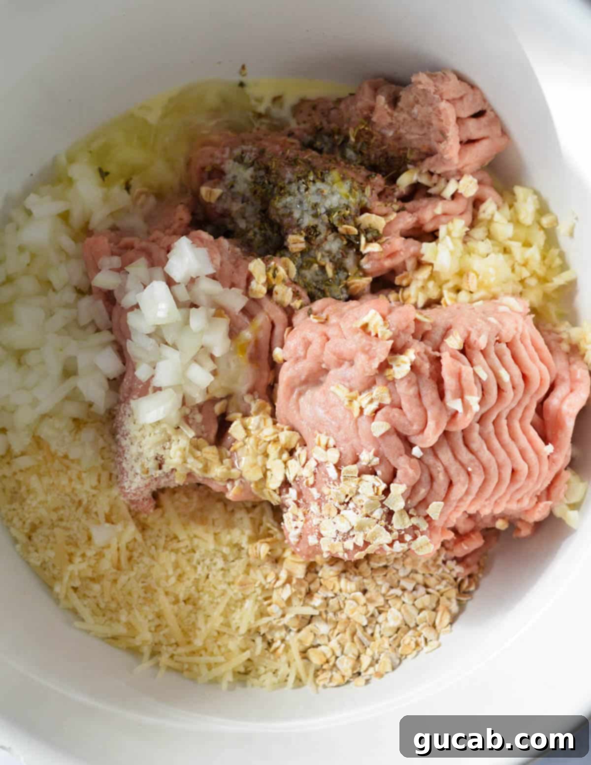 a bowl of raw ground turkey, spices, parmesan, minced onion, garlic, and oats. 