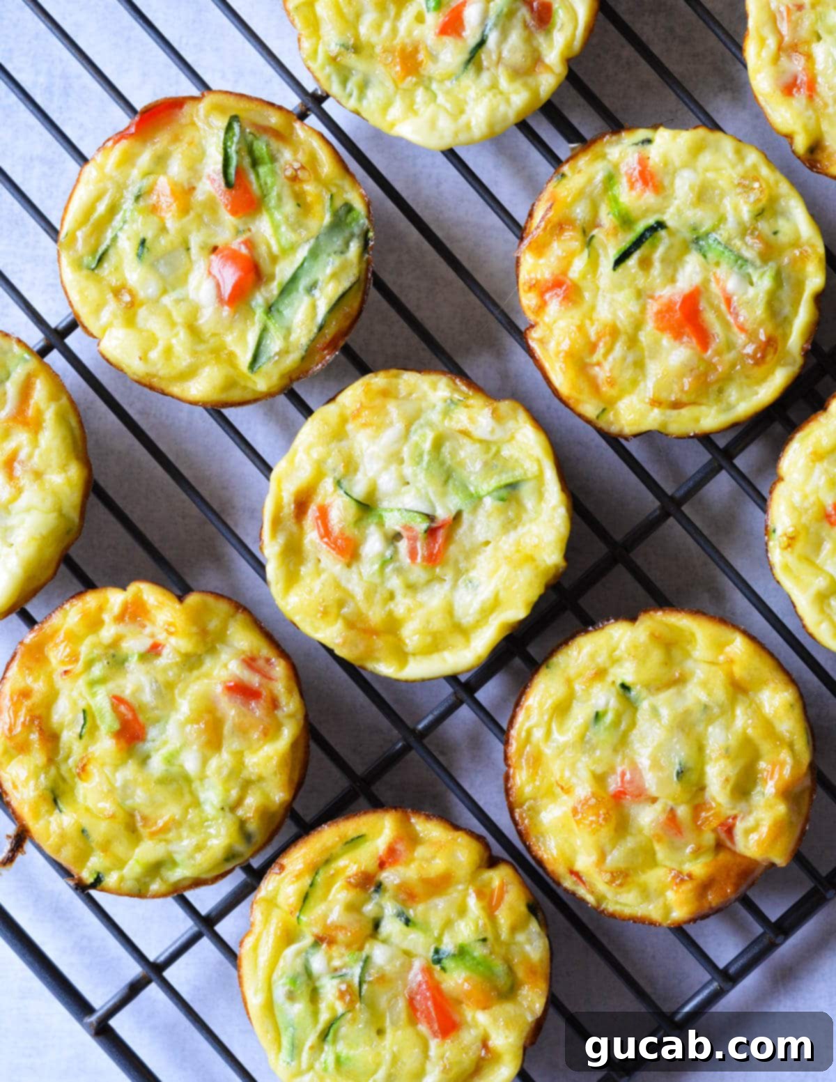 Freshly baked white cheddar and zucchini egg muffins cooling on a wire rack, steam gently rising.
