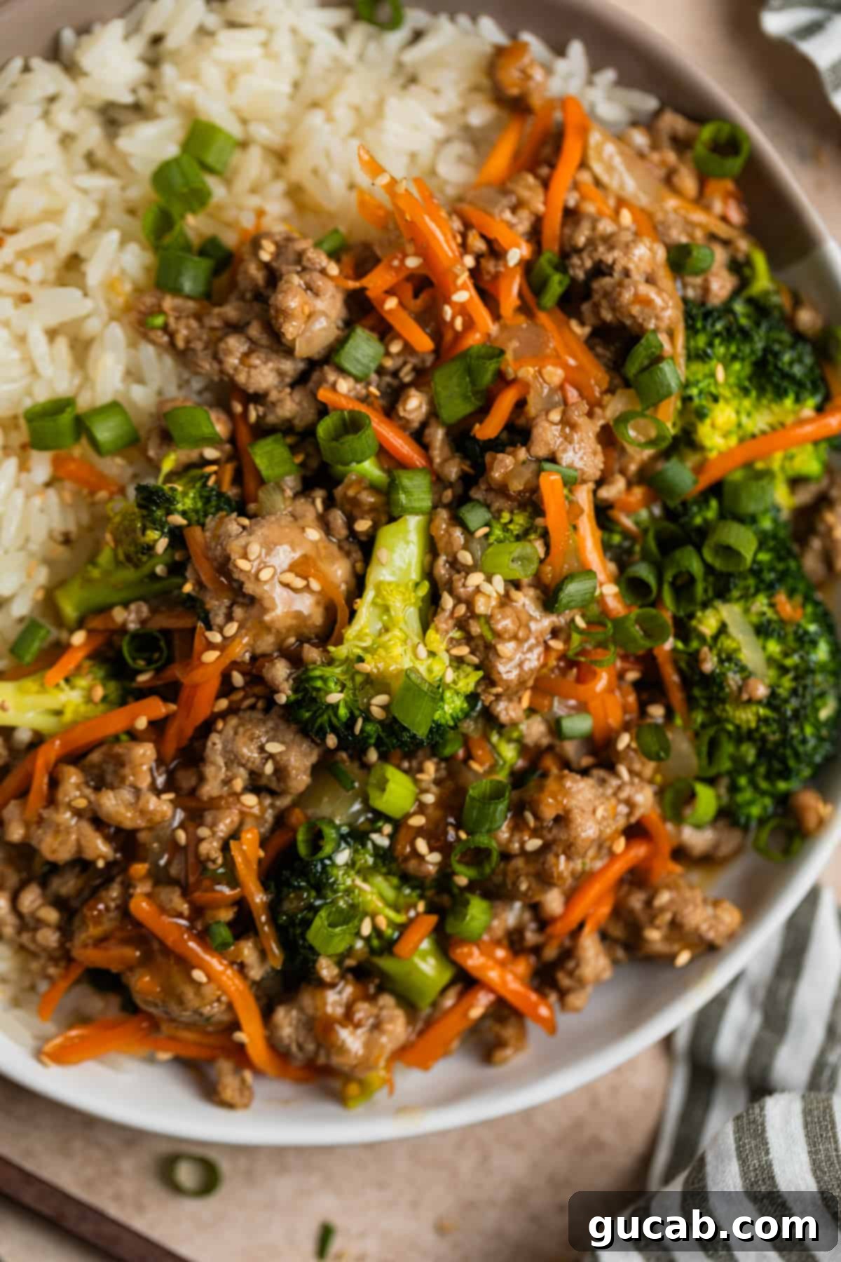 a bowl of rice with ground turkey and broccoli stir fry on top. 
