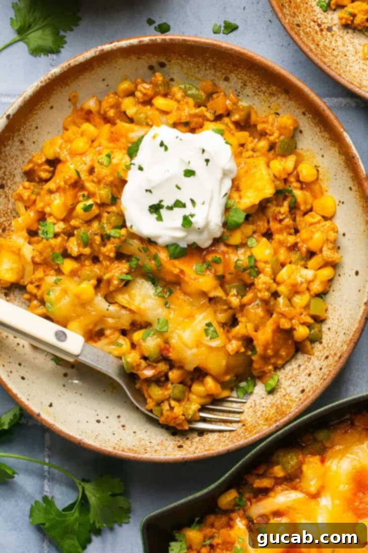 a plate with ground turkey and corn skillet topped with cheese and sour cream. 
