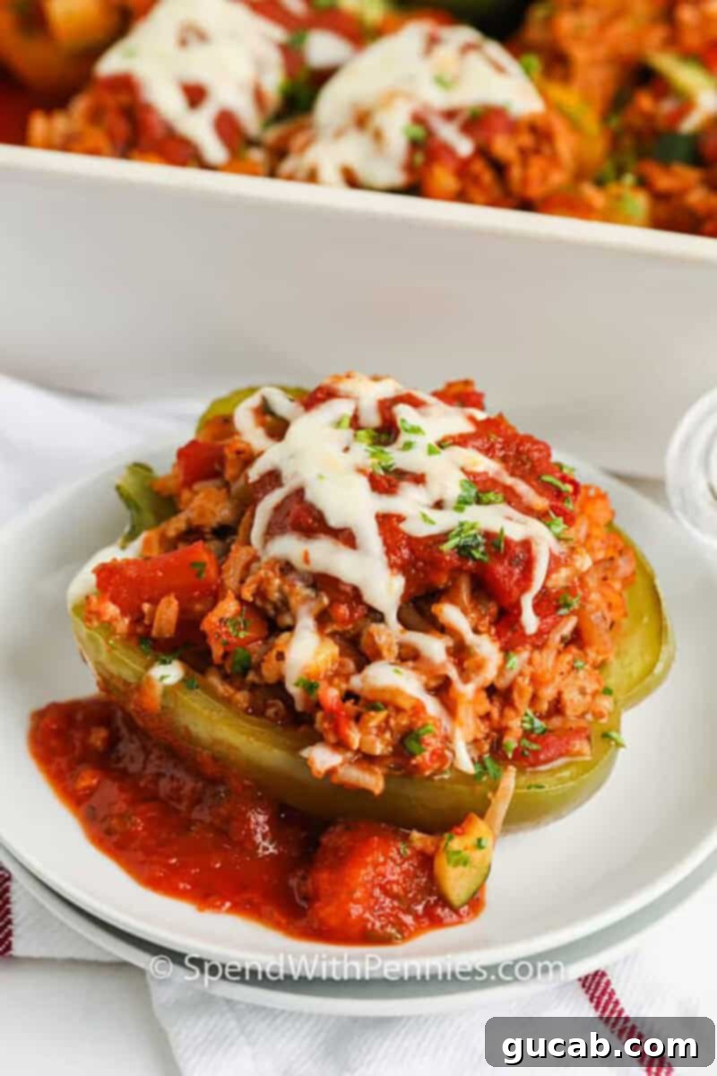 stuffed bell pepper with ground turkey, cheese, and marinara. 