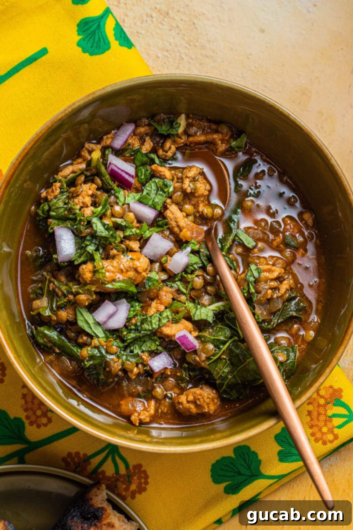 a bowl of turkey lentil soup with a spoon in it. 