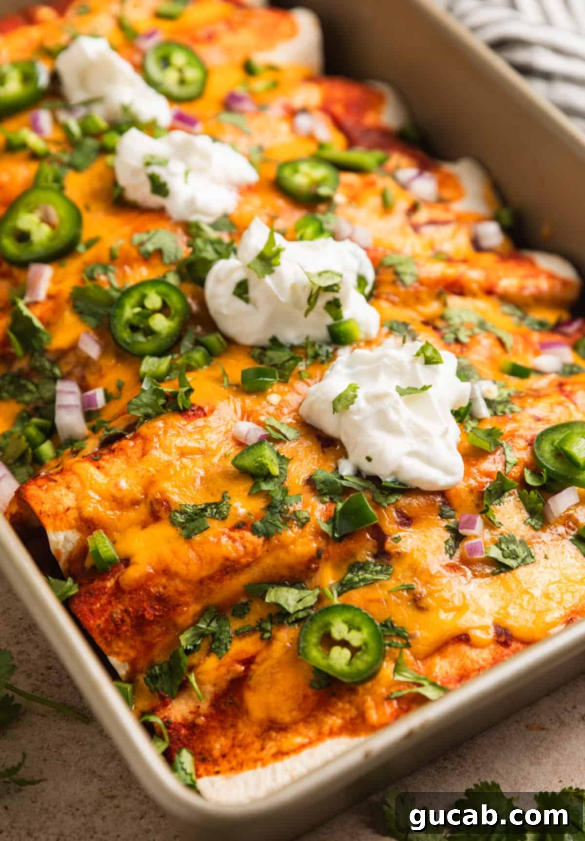 turkey enchiladas with melted cheese and sour cream on top. 