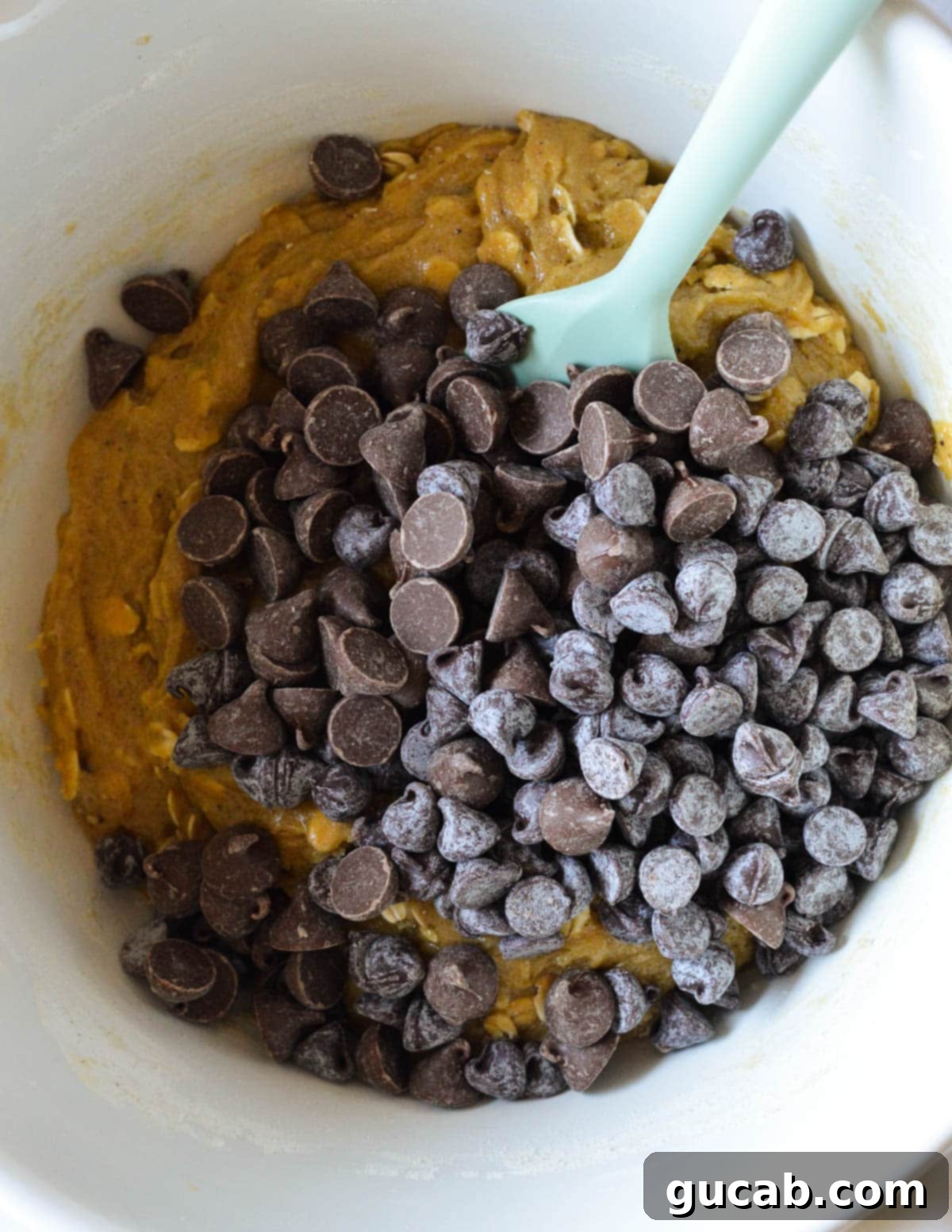 Nutty Brown Butter Chocolate Chip Cookies 13 A bowl of cookie dough with a generous amount of chocolate chips on top.