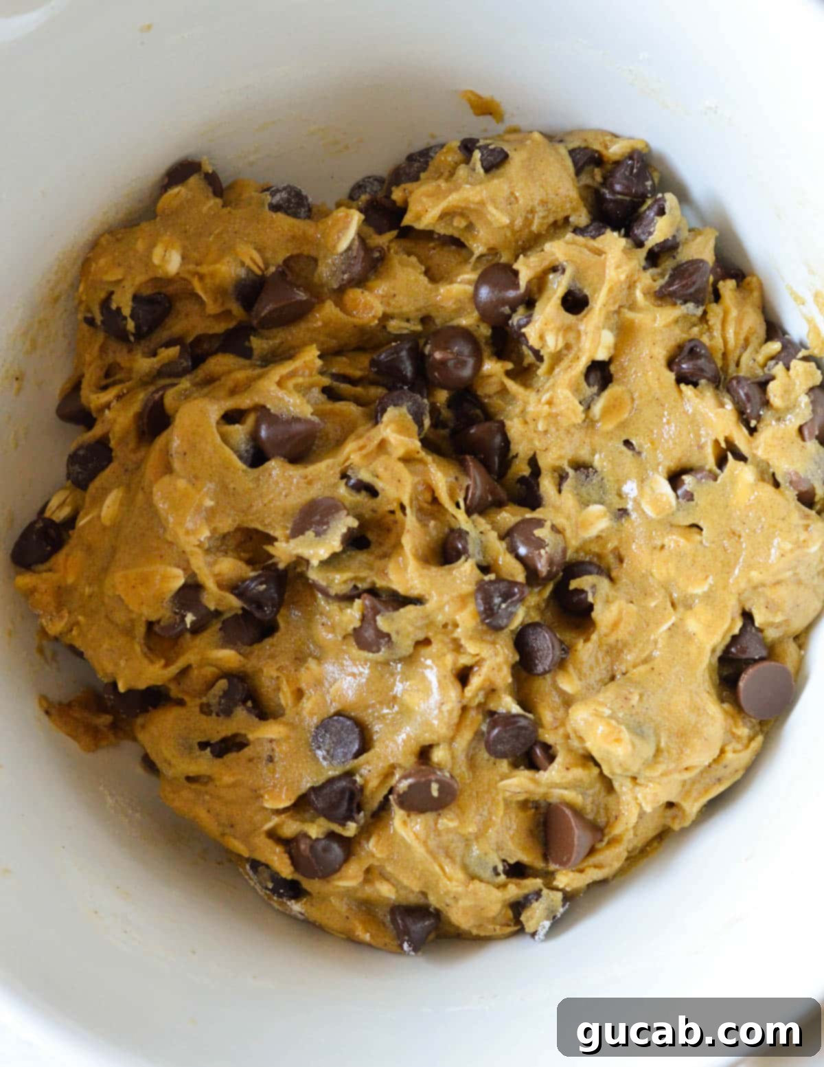 Nutty Brown Butter Chocolate Chip Cookies 14 A bowl filled with freshly mixed brown butter chocolate chip cookie dough.