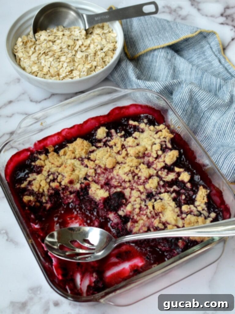 A dish of gluten free blackberry crisp, with a spoon already having taken a serving, showing the fruit filling and crispy topping.