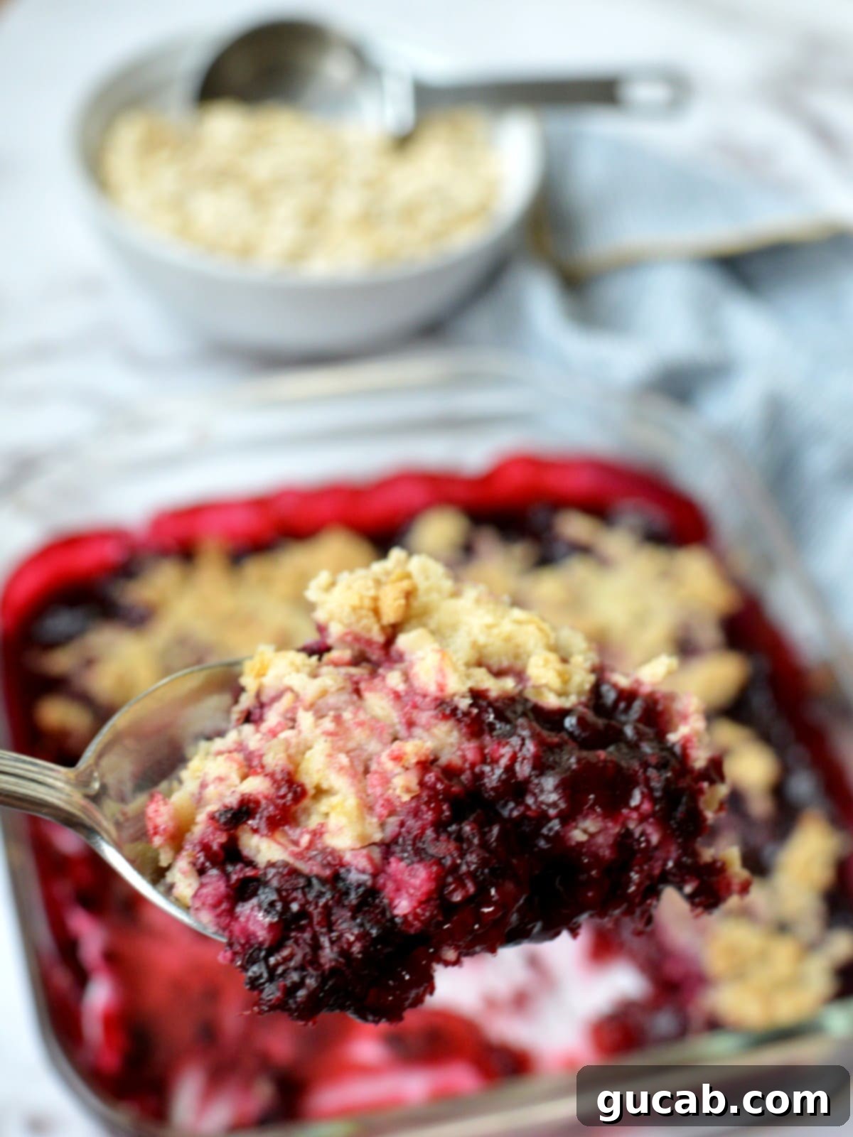A spoonful of gluten free blackberry crisp, showing the jammy, dark berry filling and golden oat topping.
