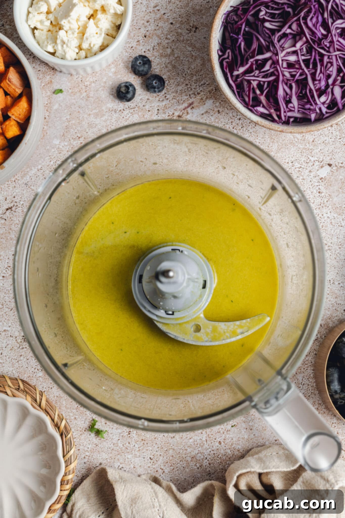 honey basil vinaigrette in a food processor.