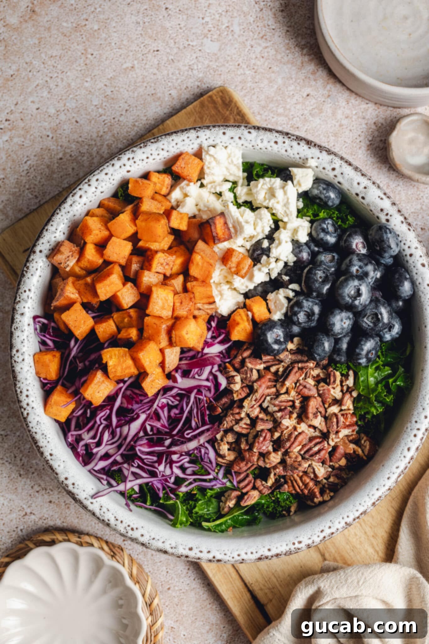 a bowl of kale with sweet potatoes, feta, blueberries, pecans, and sliced cabbage.