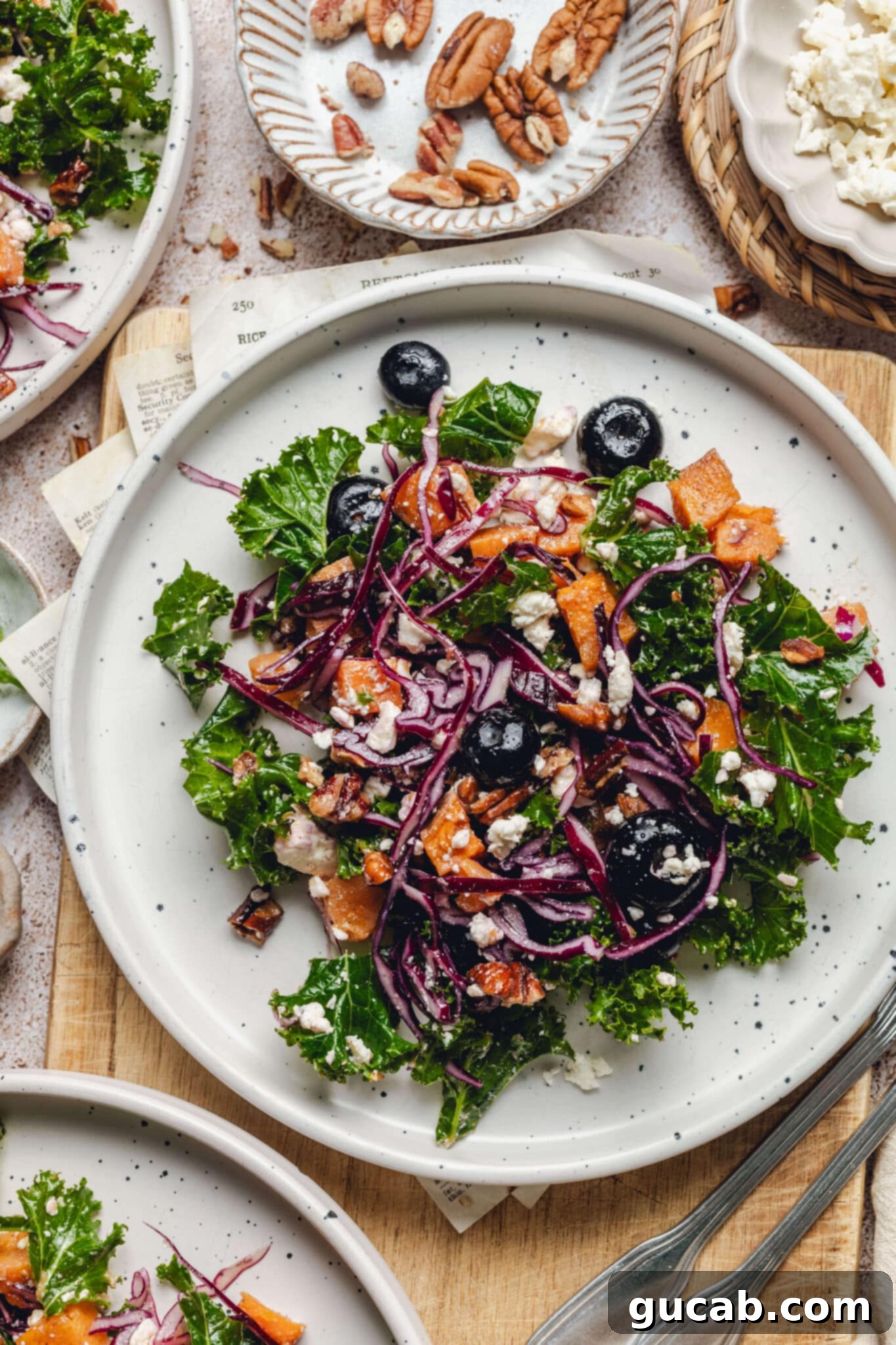 kale salad with sweet potatoes, cabbage, blueberries, and feta on a plate.