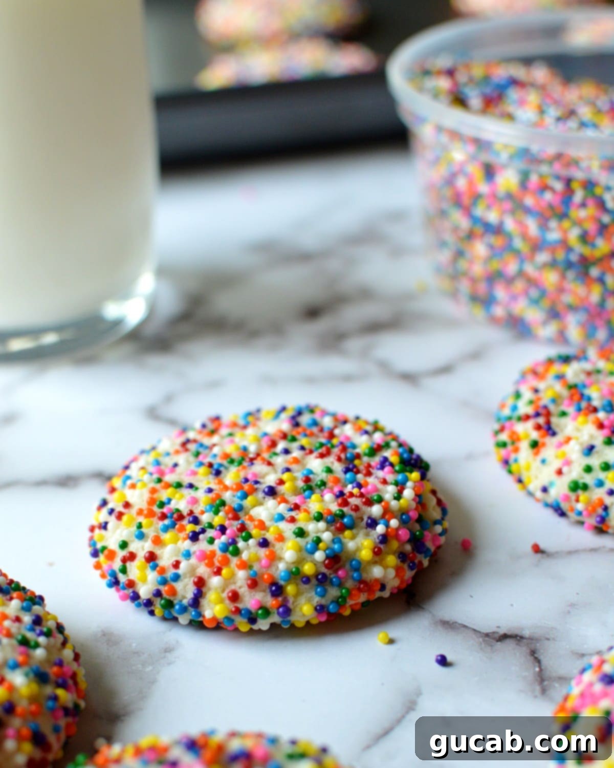 Sprinkle-Packed Gluten-Free Sugar Cookies 4 A single gluten-free sprinkle cookie on a white background.