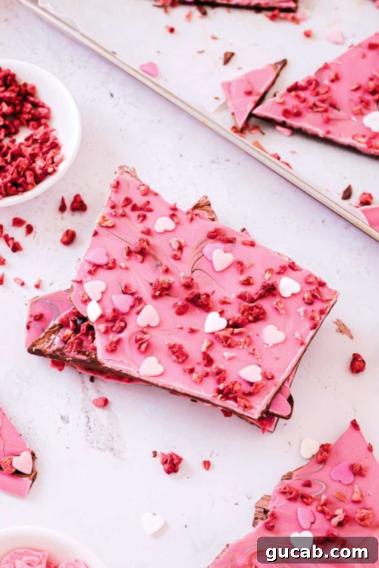 17 Heartwarming Valentine's Day Desserts 16 vibrant Valentine's Day chocolate bark with freeze-dried raspberries scattered on top