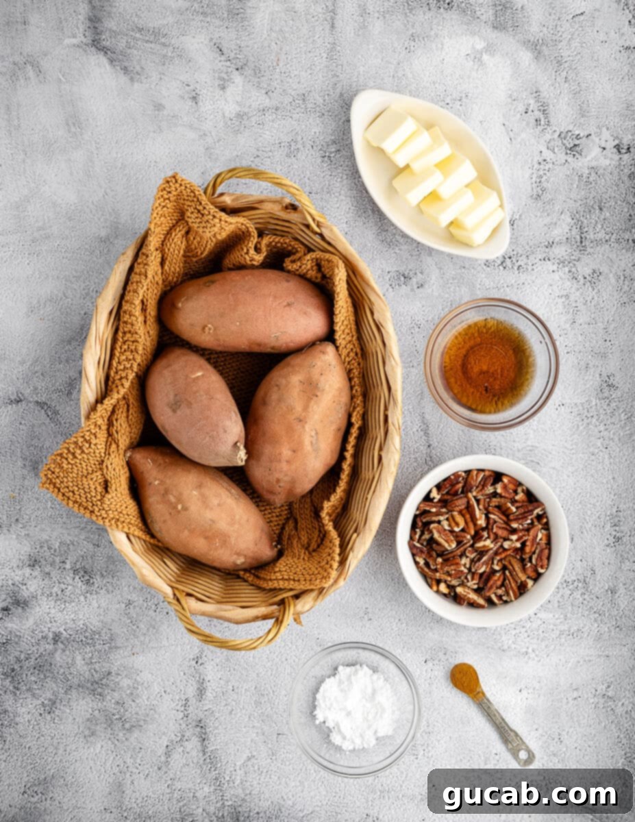 sweet potatoes, butter, maple syrup, pecans, powdered sugar, and cinnamon. 