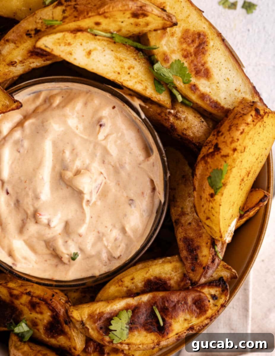 Crispy oven baked potato wedges surrounding a bowl of homemade chipotle sauce.