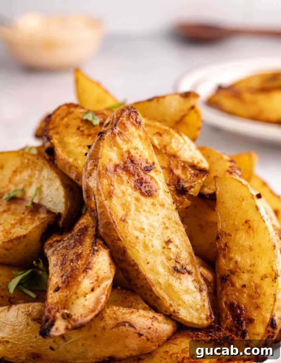 Close up shot of golden-brown, perfectly seasoned oven baked potato wedges on a baking sheet.