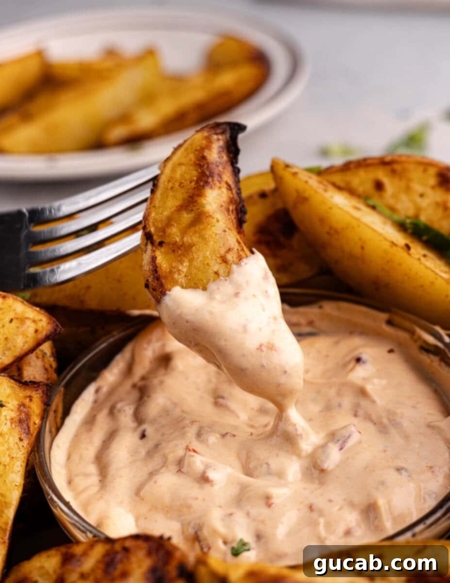Close-up of a potato wedge being dipped into creamy chipotle sauce.
