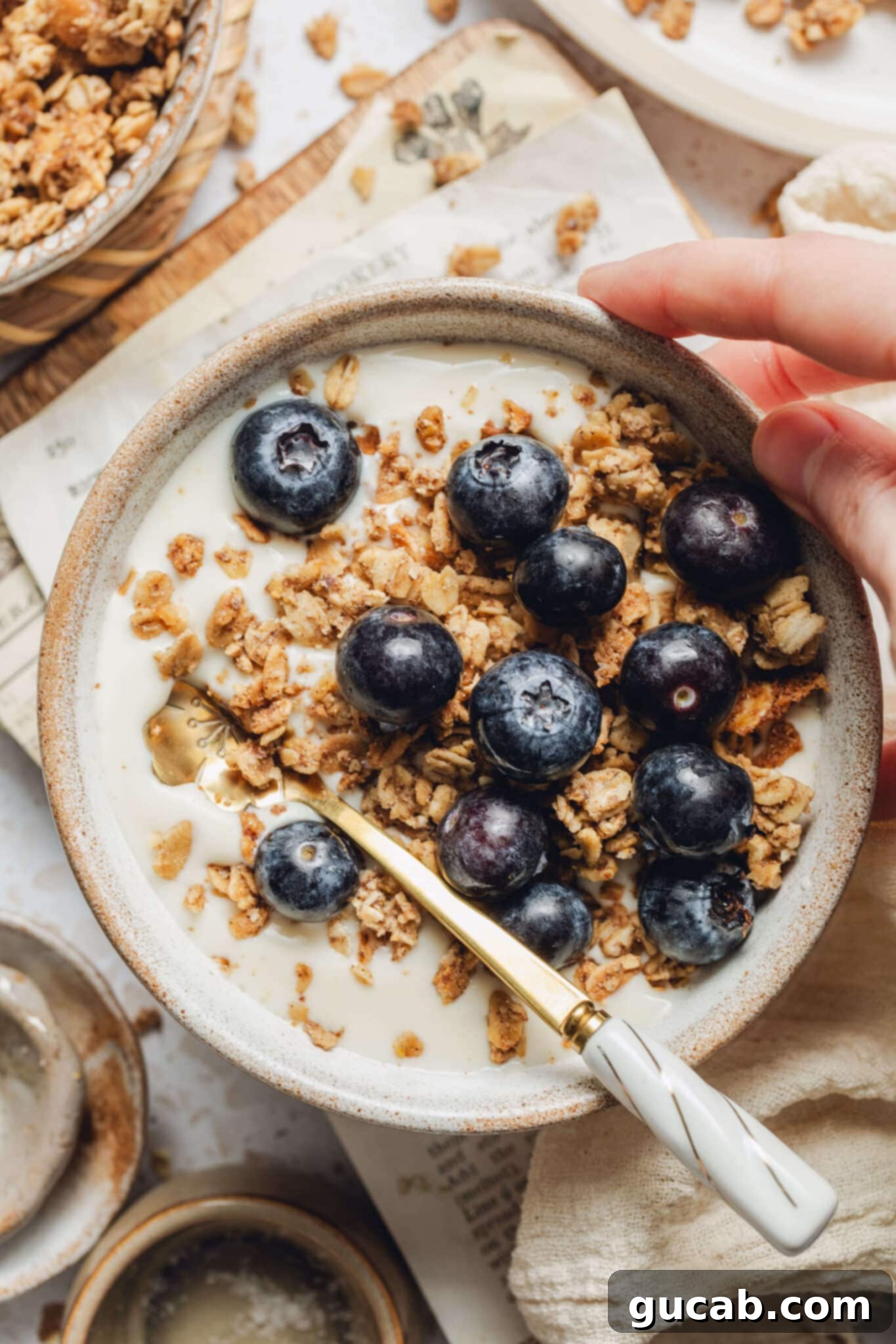 a bowl of granola and milk with blueberries on top. 
