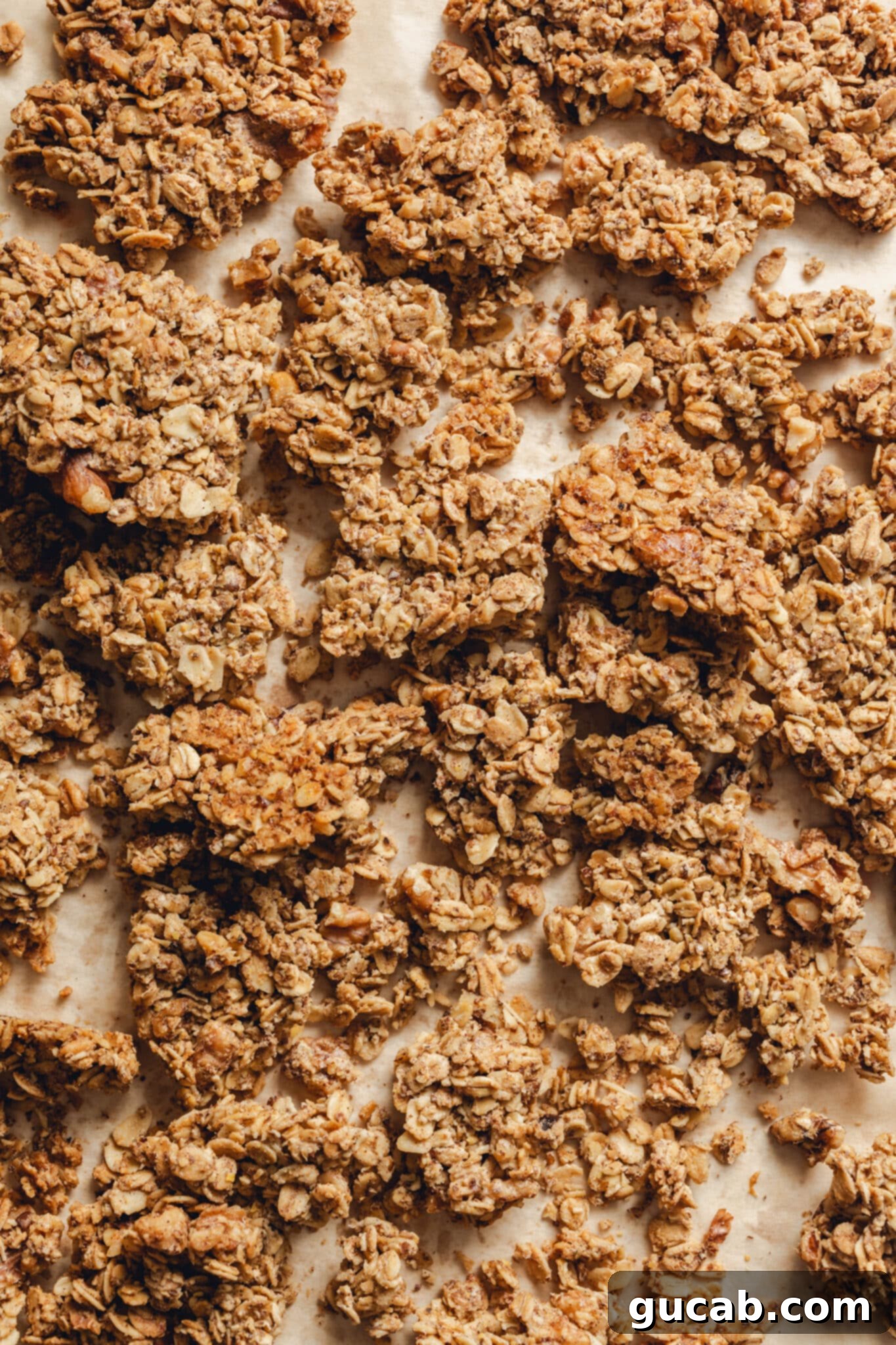 granola clusters on a sheet pan. 