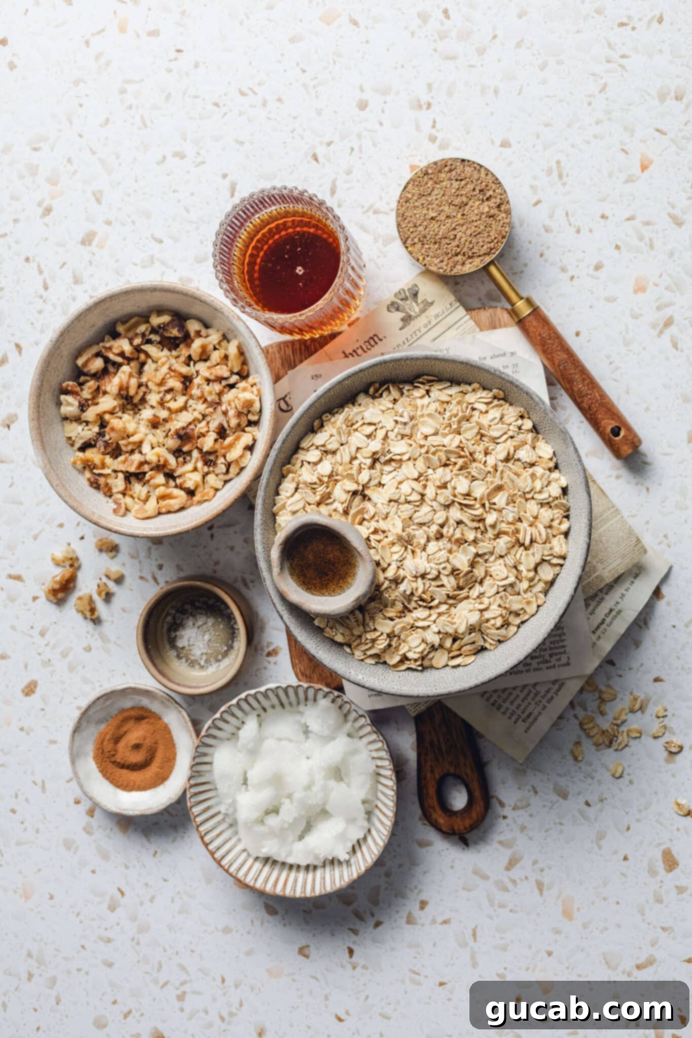 golden flax meal, maple syrup, walnuts, oats, cinnamon, coconut oil,  salt, and vanilla. 