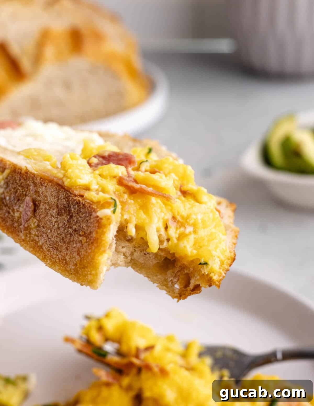 Savory Prosciutto & Cheese Scramble 15 Cheesy scrambled eggs served on a slice of golden toasted bread, creating a delicious and satisfying breakfast.