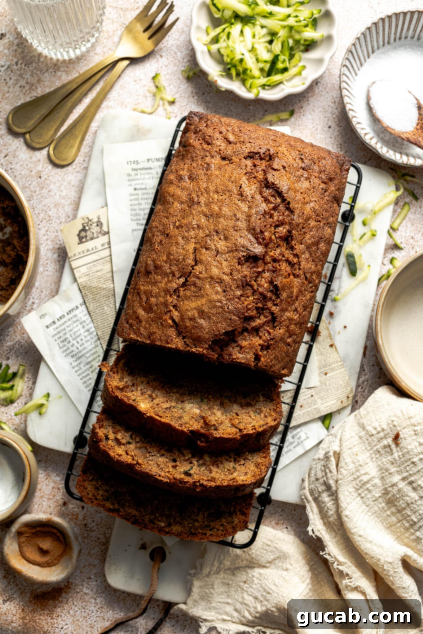 Sliced zucchini bread on a wire rack, a perfect gluten-free Easter breakfast or dessert option.