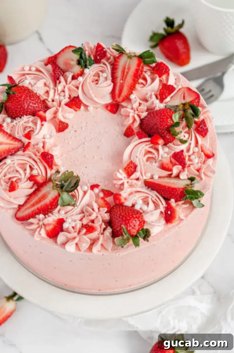 The beautiful top of a gluten-free strawberry cake, adorned with fresh strawberries and frosting.