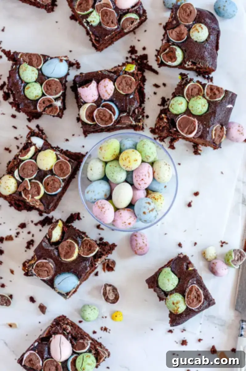 Rich, fudgy brownies generously topped with colorful mini Easter eggs.