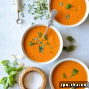 Cherry Tomato Soup 13 Three bowls of creamy roasted cherry tomato soup, each garnished with fresh basil.