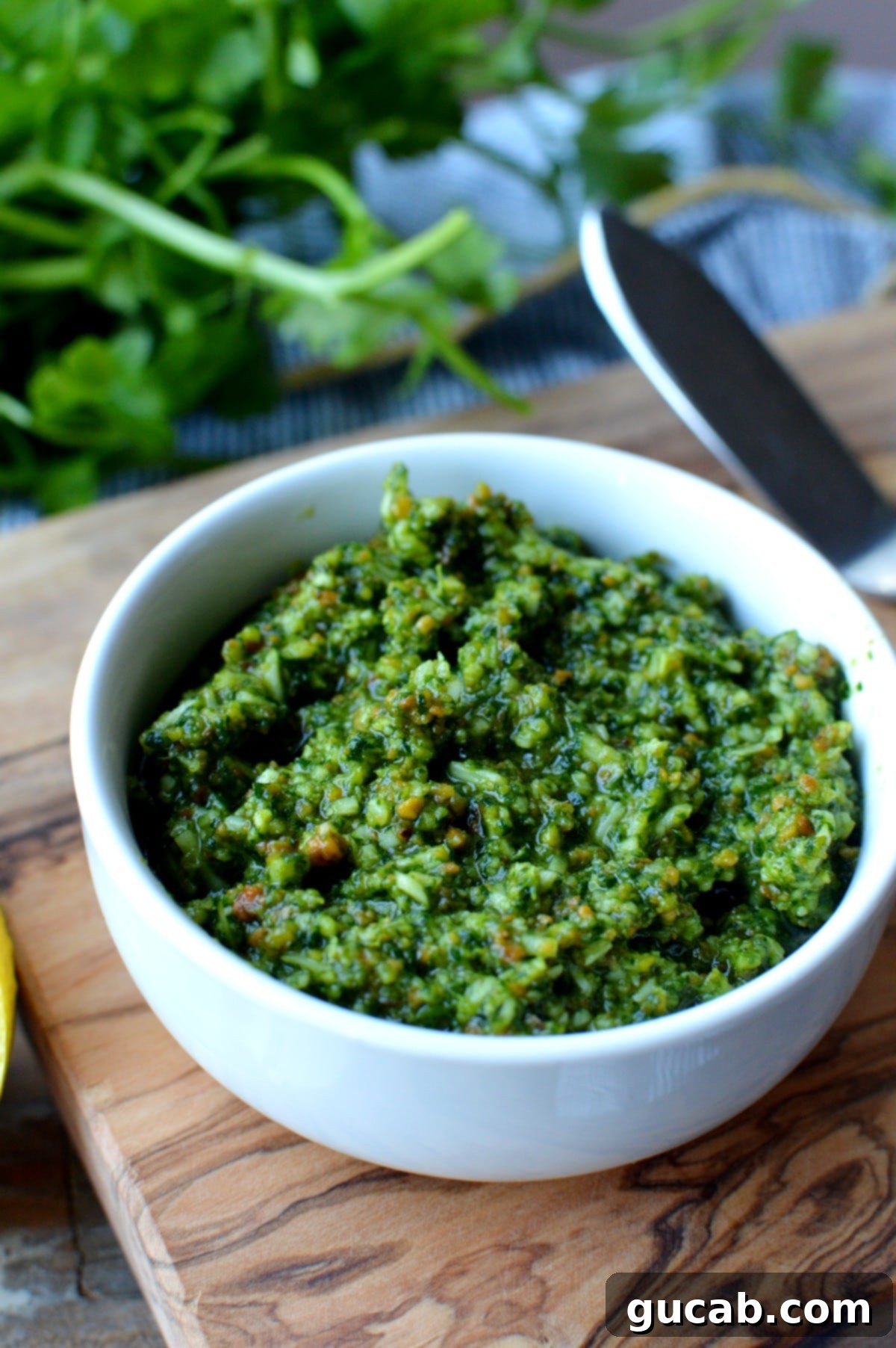 Vibrant Cilantro Mint Pesto 2 Vibrant cilantro mint pesto spread on a slice of bread on a wooden cutting board, garnished with fresh herbs.