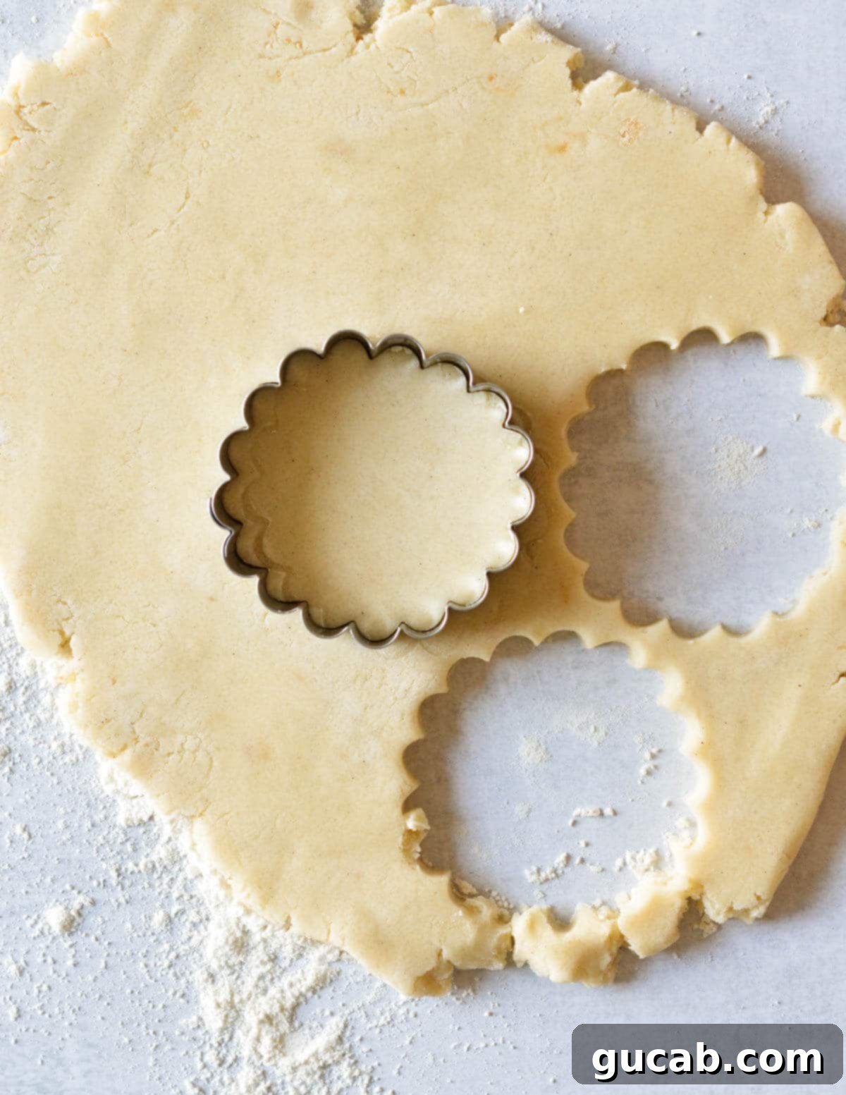 Buttery Gluten-Free Shortbread 9 gluten free shortbread dough rolled out and cut with a round cookie cutter.