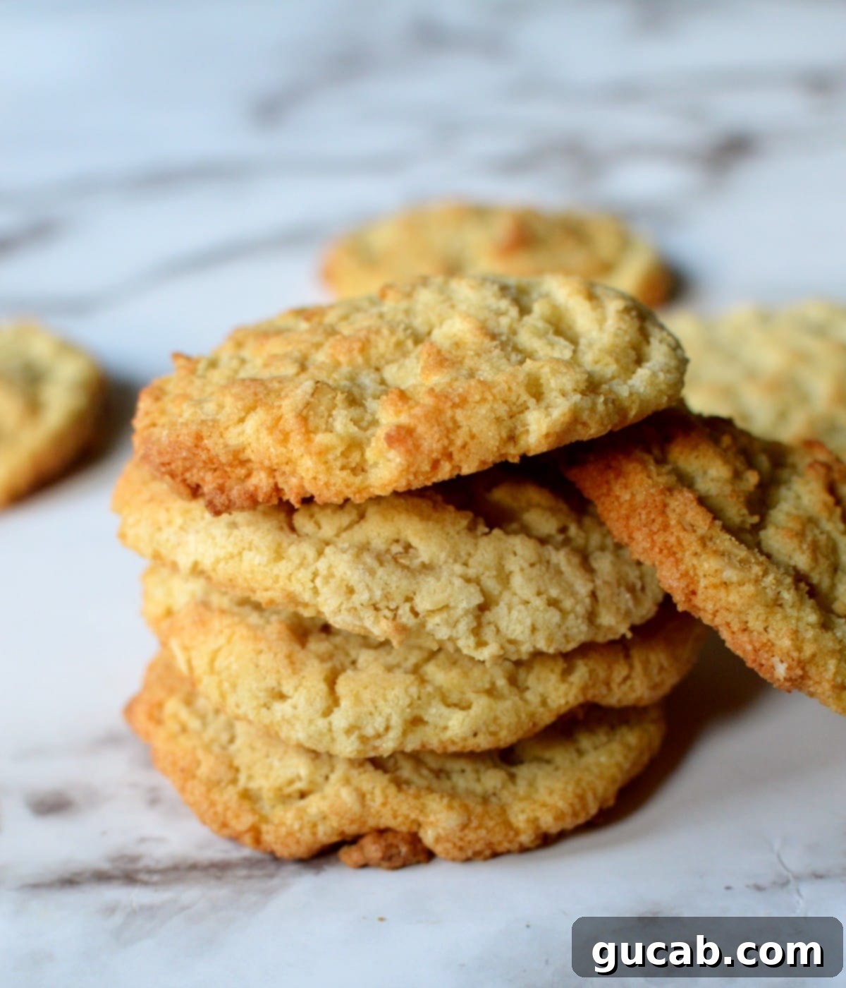 A stack of golden-brown coconut oatmeal cookies, perfectly baked and ready for serving.