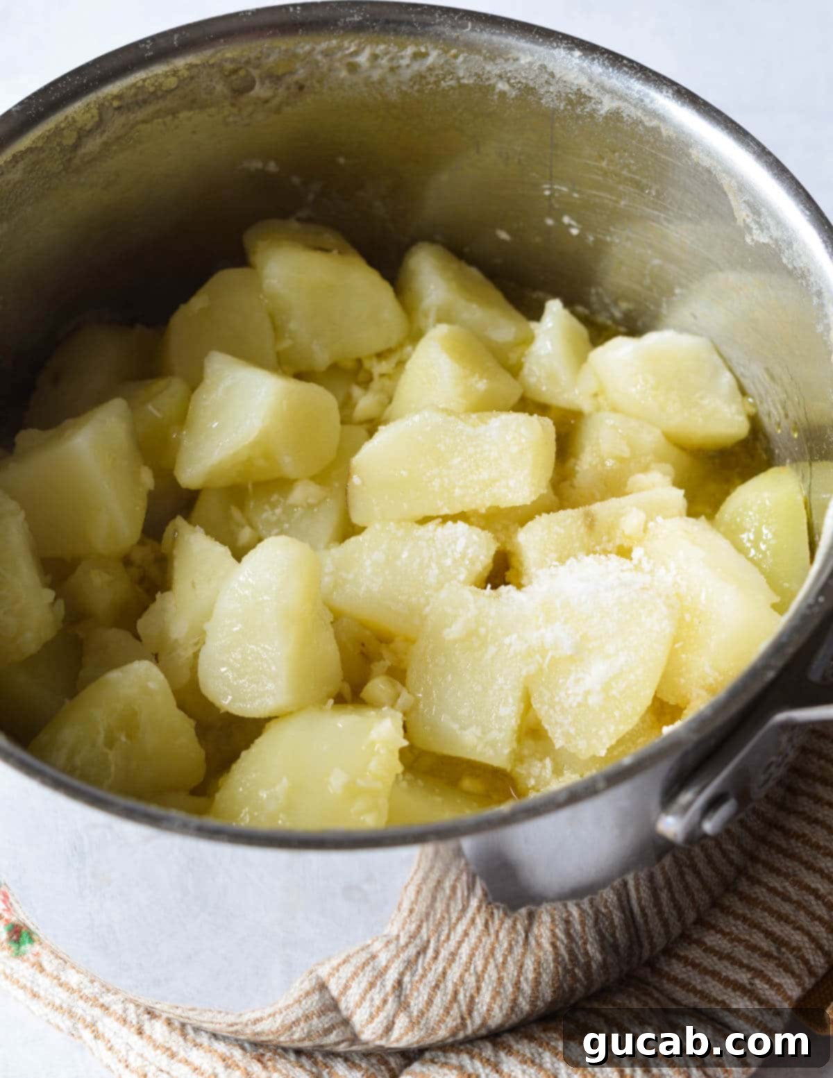 Freshly boiled and drained potatoes, still steaming hot in the pot, ready for mashing.