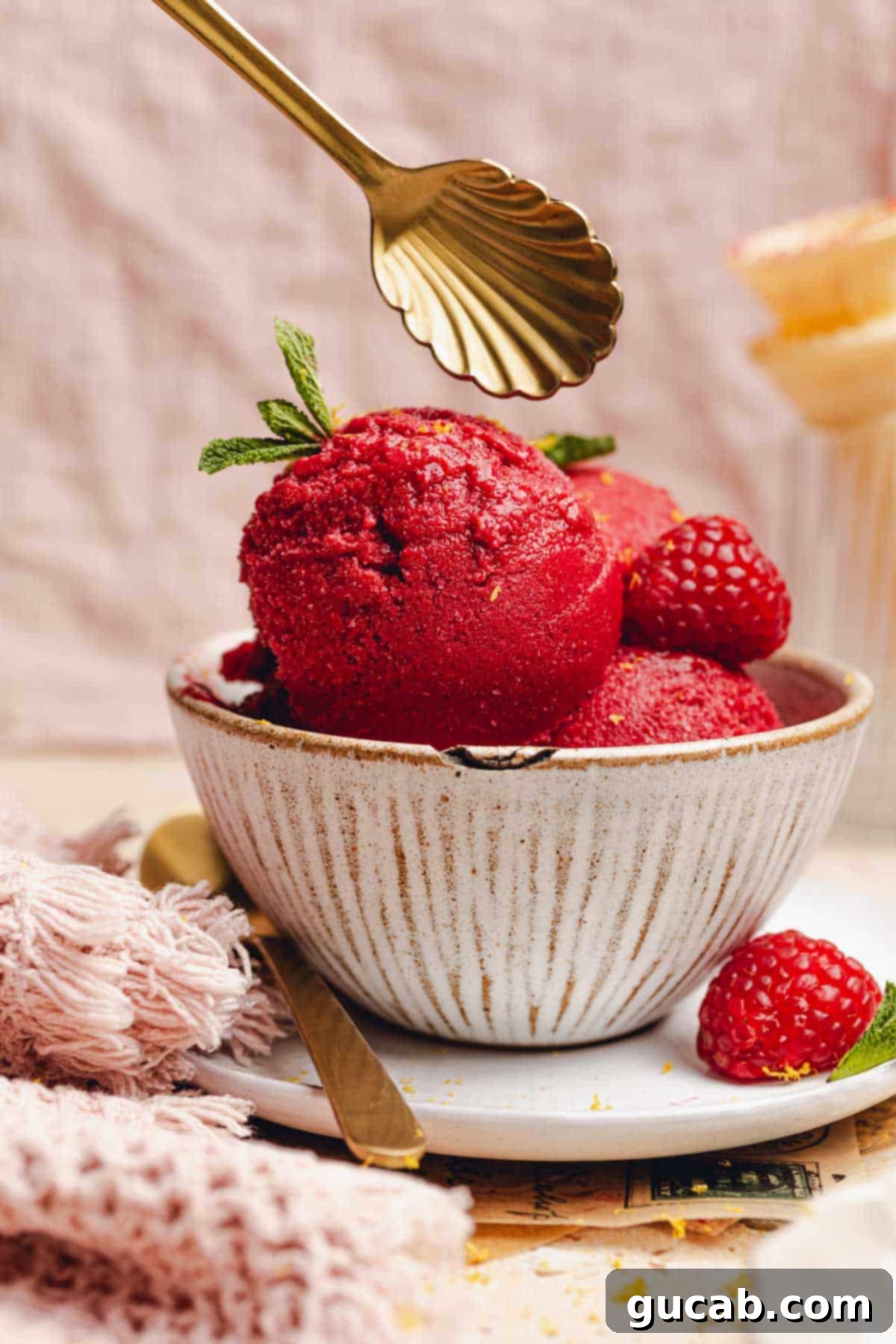 A bowl of vibrant homemade raspberry sorbet with a golden spoon ready to scoop.