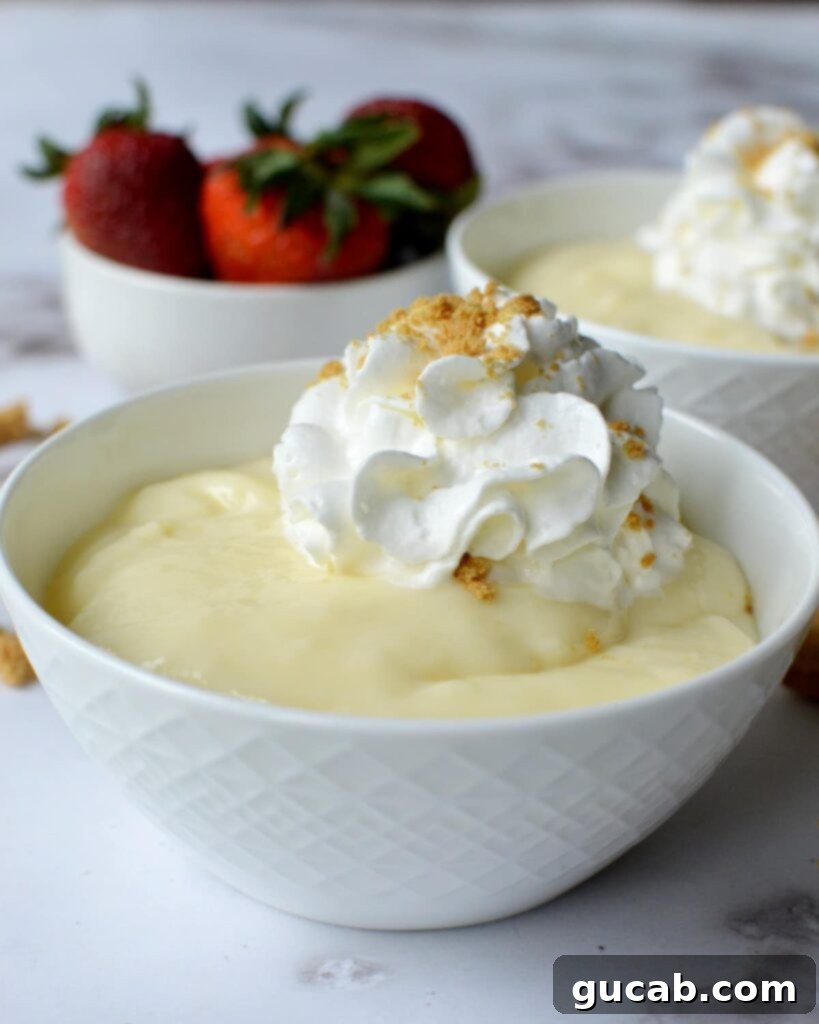 Creamy Gluten-Free Vanilla Pudding 2 A bowl of creamy homemade gluten-free vanilla pudding, ready to be served or layered with toppings.