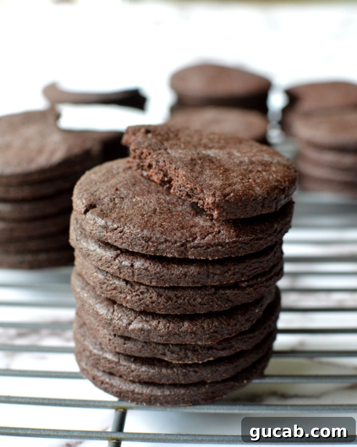 A stack of gluten free chocolate wafer cookies