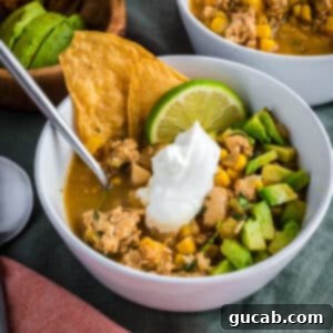 Creamy White Ground Chicken Chili 11 A bowl of white ground chicken chili with toppings