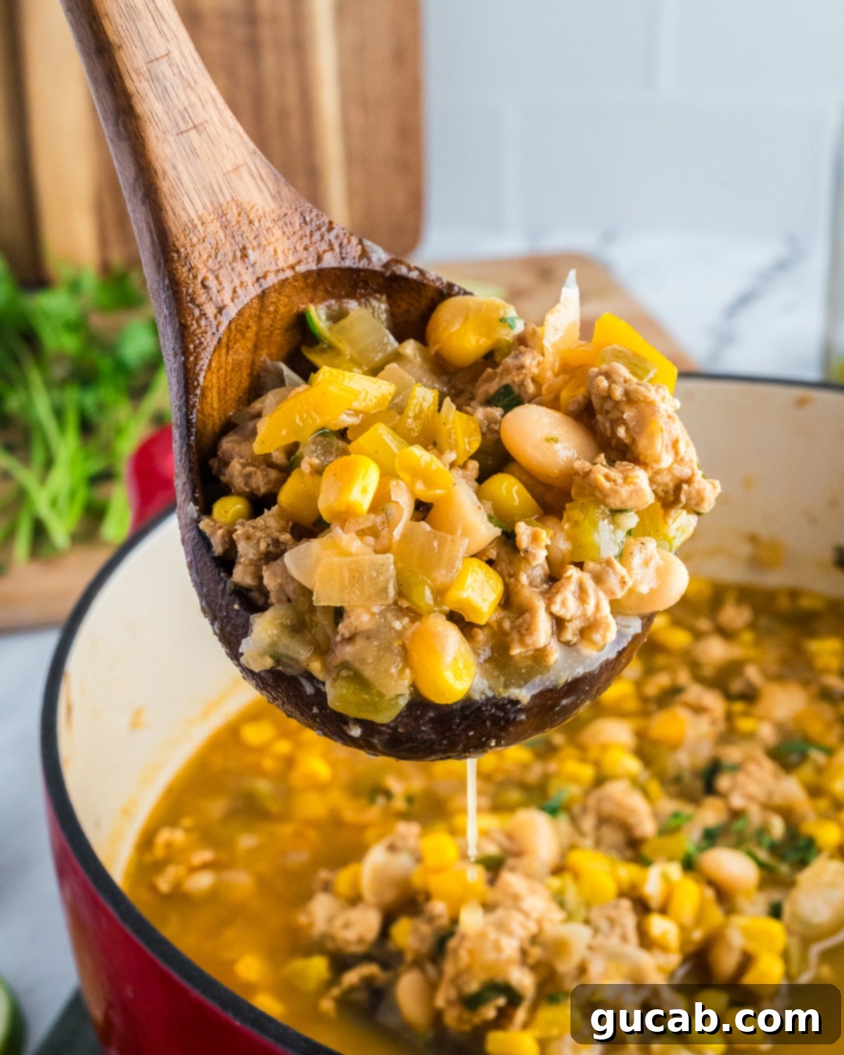 Creamy White Ground Chicken Chili 10 A ladle full of creamy white ground chicken chili, showing its rich texture and wholesome ingredients.