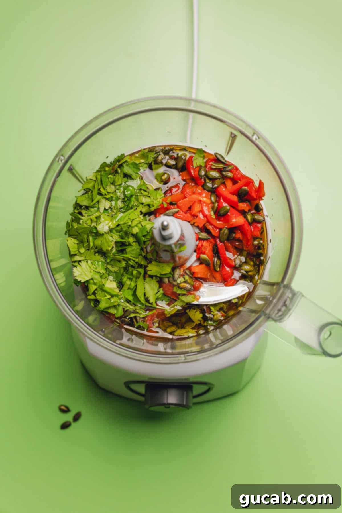 cilantro, roasted red peppers, tomatoes, pepitas, olive oil, and red wine vinegar in a food processor. 