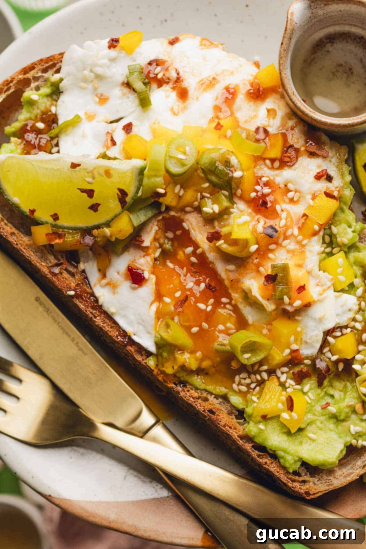 A beautifully assembled avocado toast with a fried egg, honey chipotle sauce, and pickled bell peppers on a white plate.