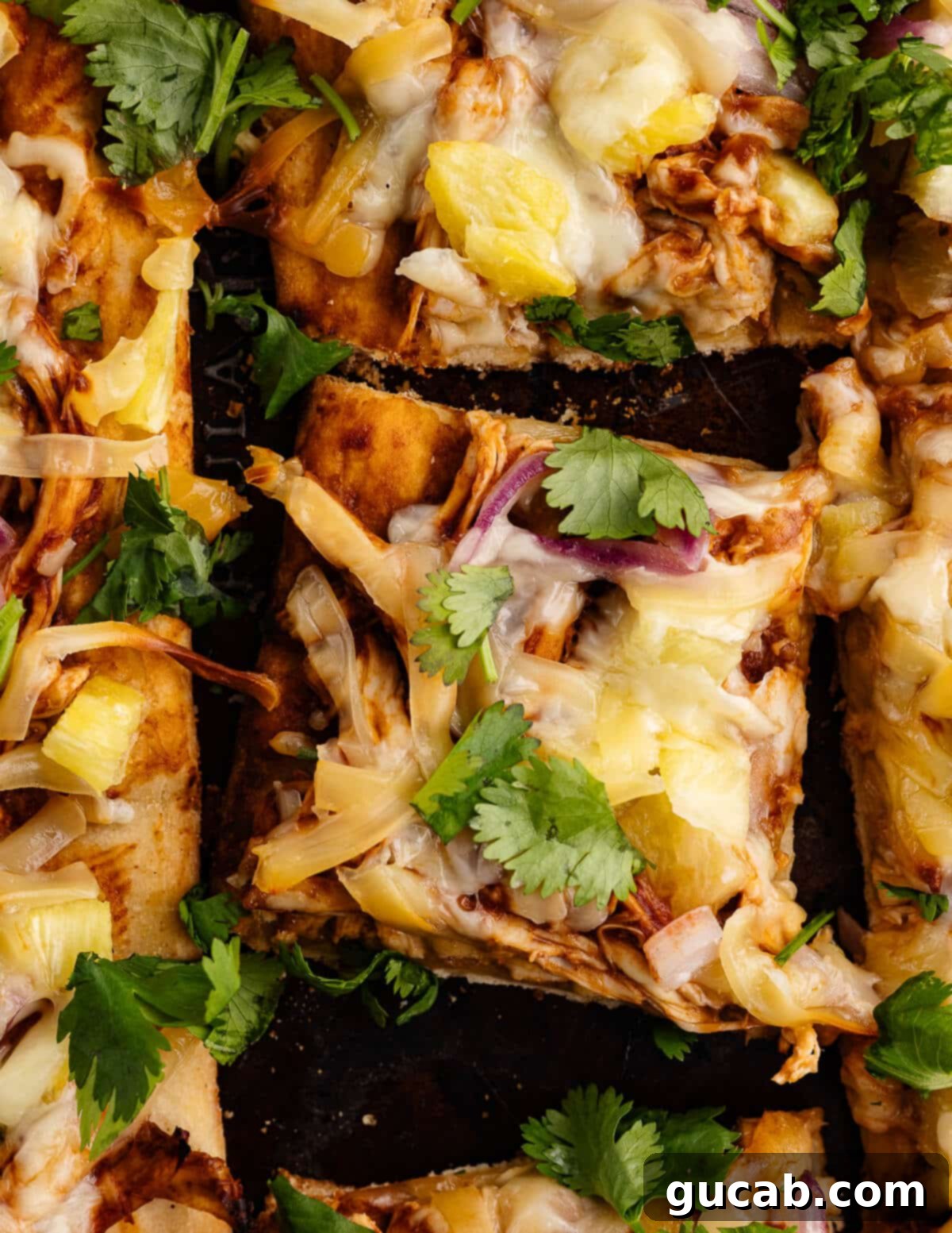 Close-up of baked BBQ chicken flatbread pizza slices garnished with fresh cilantro, showing the melted cheese and crispy crust.