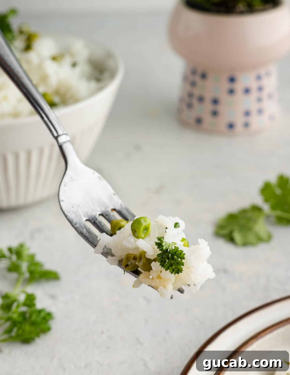 Herbed Pea Pilaf 4 a bite of herb rice on a fork.