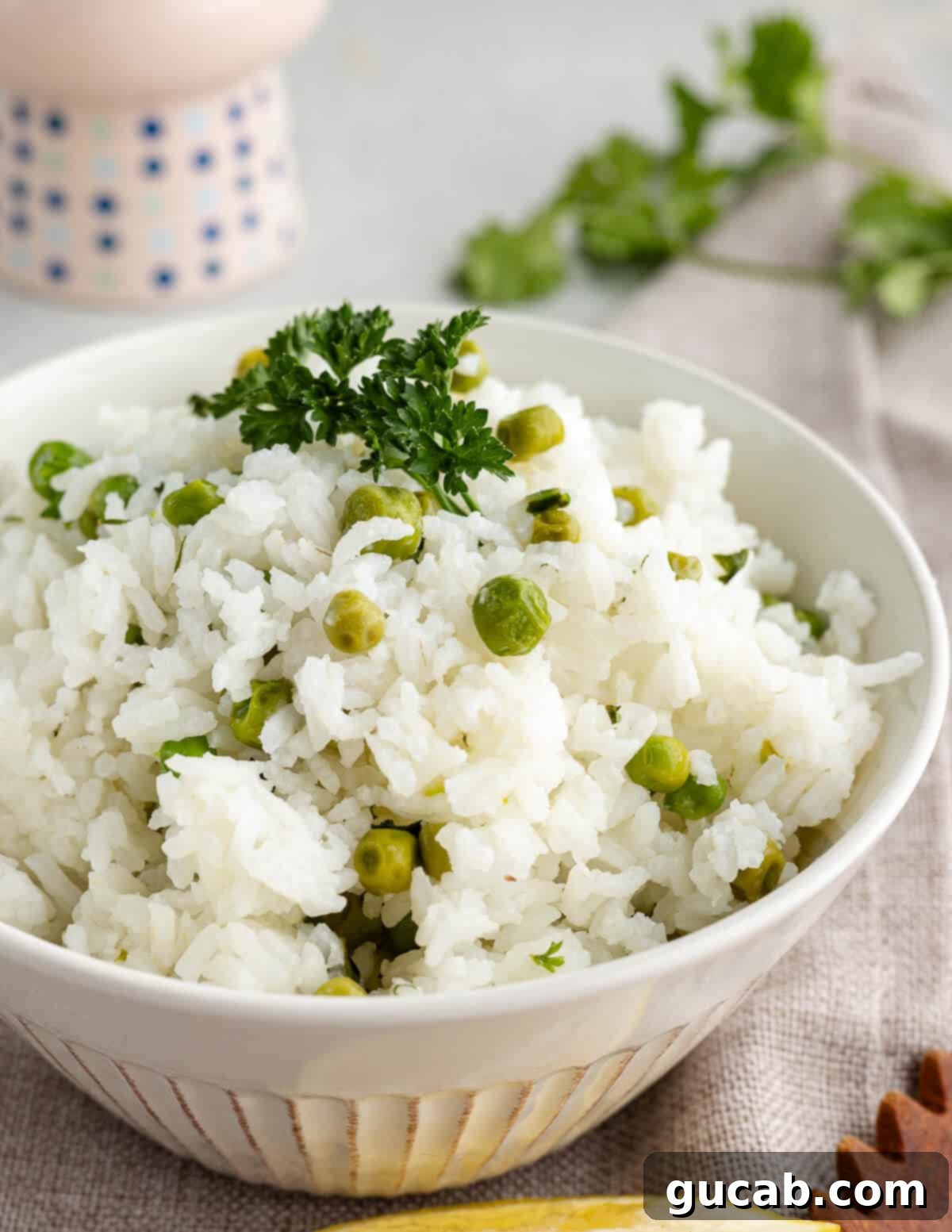 A close-up shot of a bowl of fluffy herb rice with peas, ready to be enjoyed.