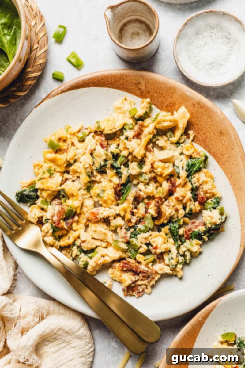 a plate of scrambled eggs with spinach, cheese, and sun-dried tomatoes.