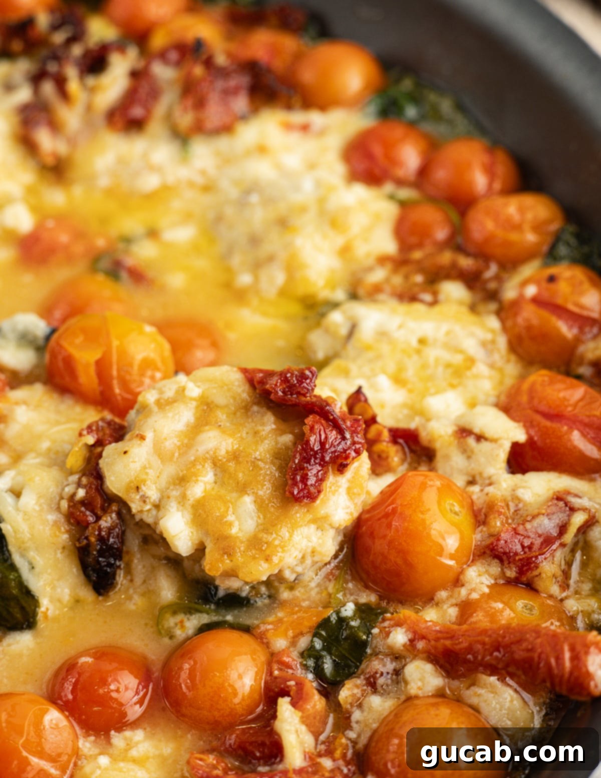 The Ultimate Date Night Chicken Meatballs 15 Skillet with chicken meatballs and tomatoes in a creamy sauce, garnished with fresh herbs, ready to be served.