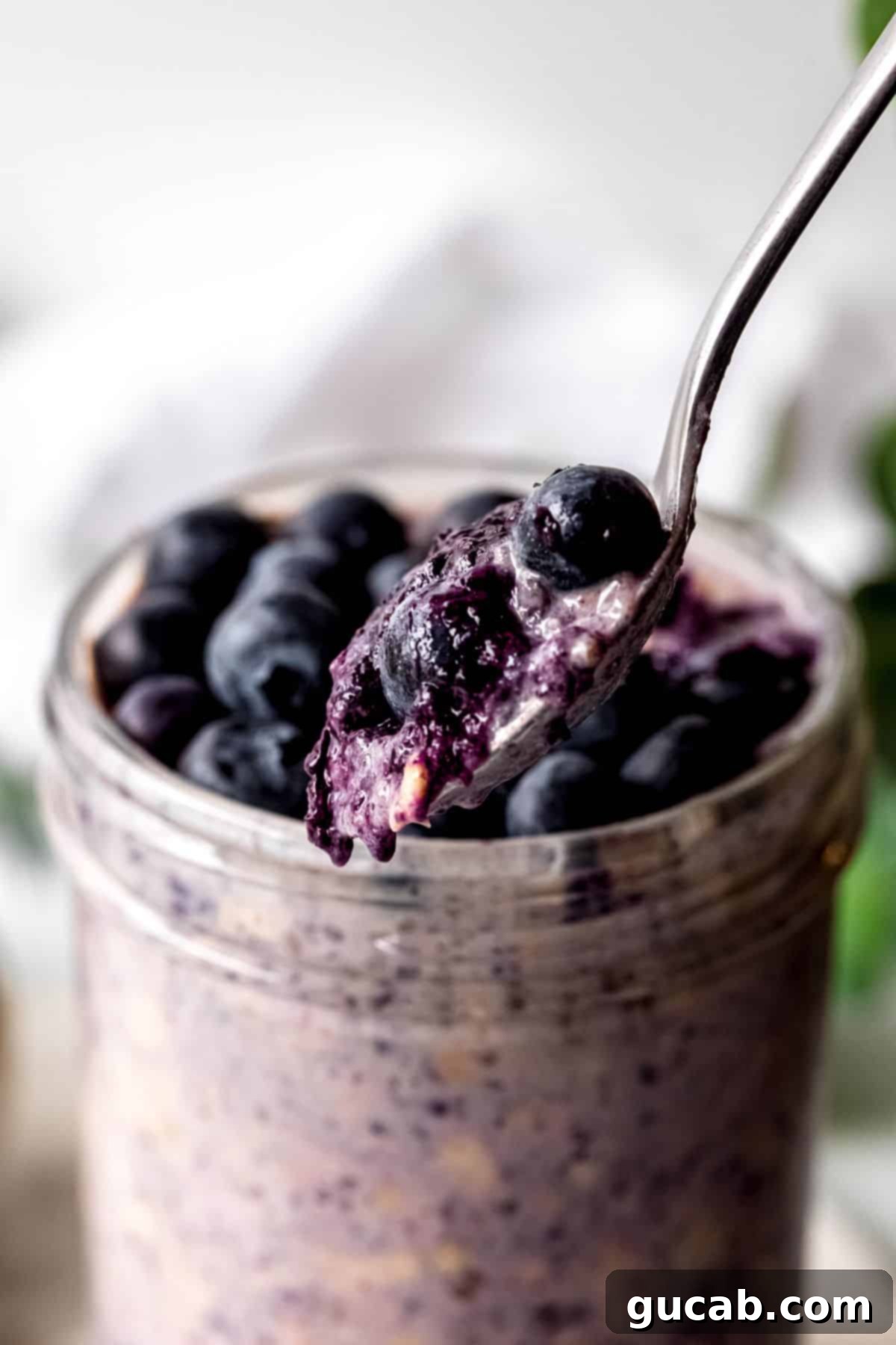 A spoonful of vibrant blueberry oatmeal, showcasing the creamy texture and rich color, with visible blueberries.